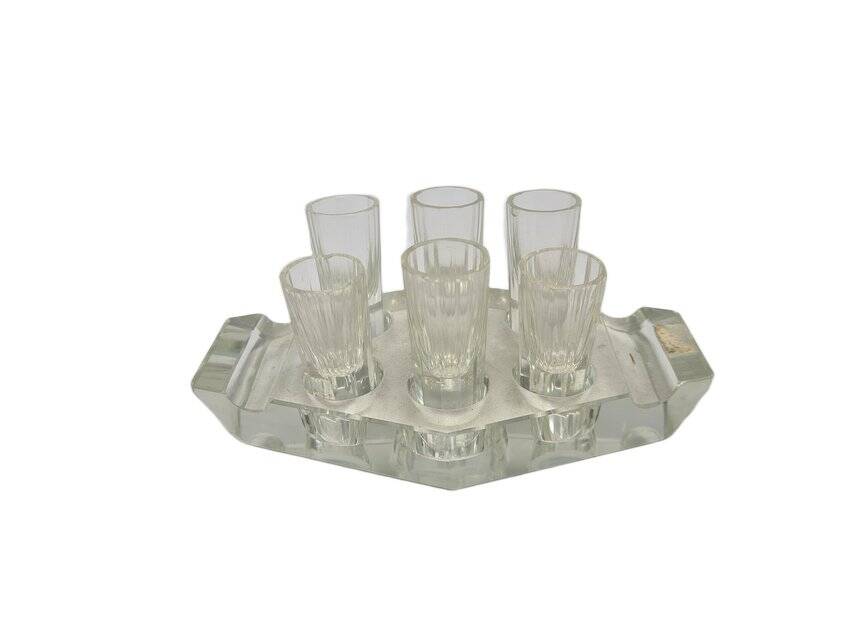 Art Deco vodka shot glasses from Hortensja Glassworks, Poland, 1950s, set of 7