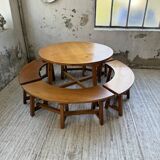 Set of round table and 4 rounded benches, 1950
