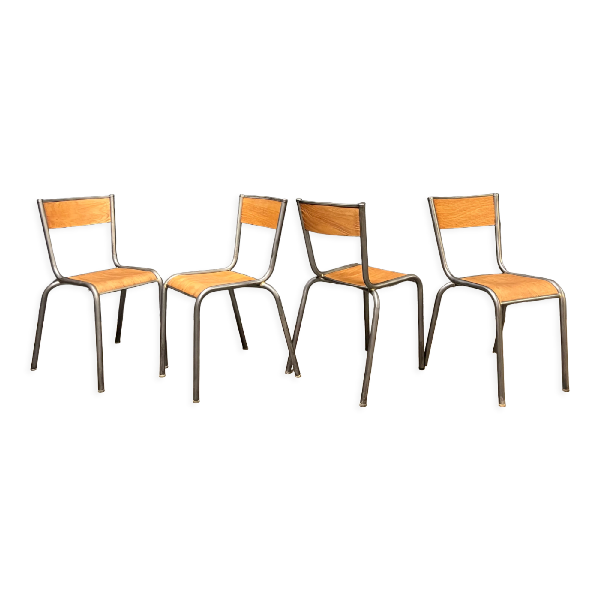 Set of Mulca school chairs patinated graphite.