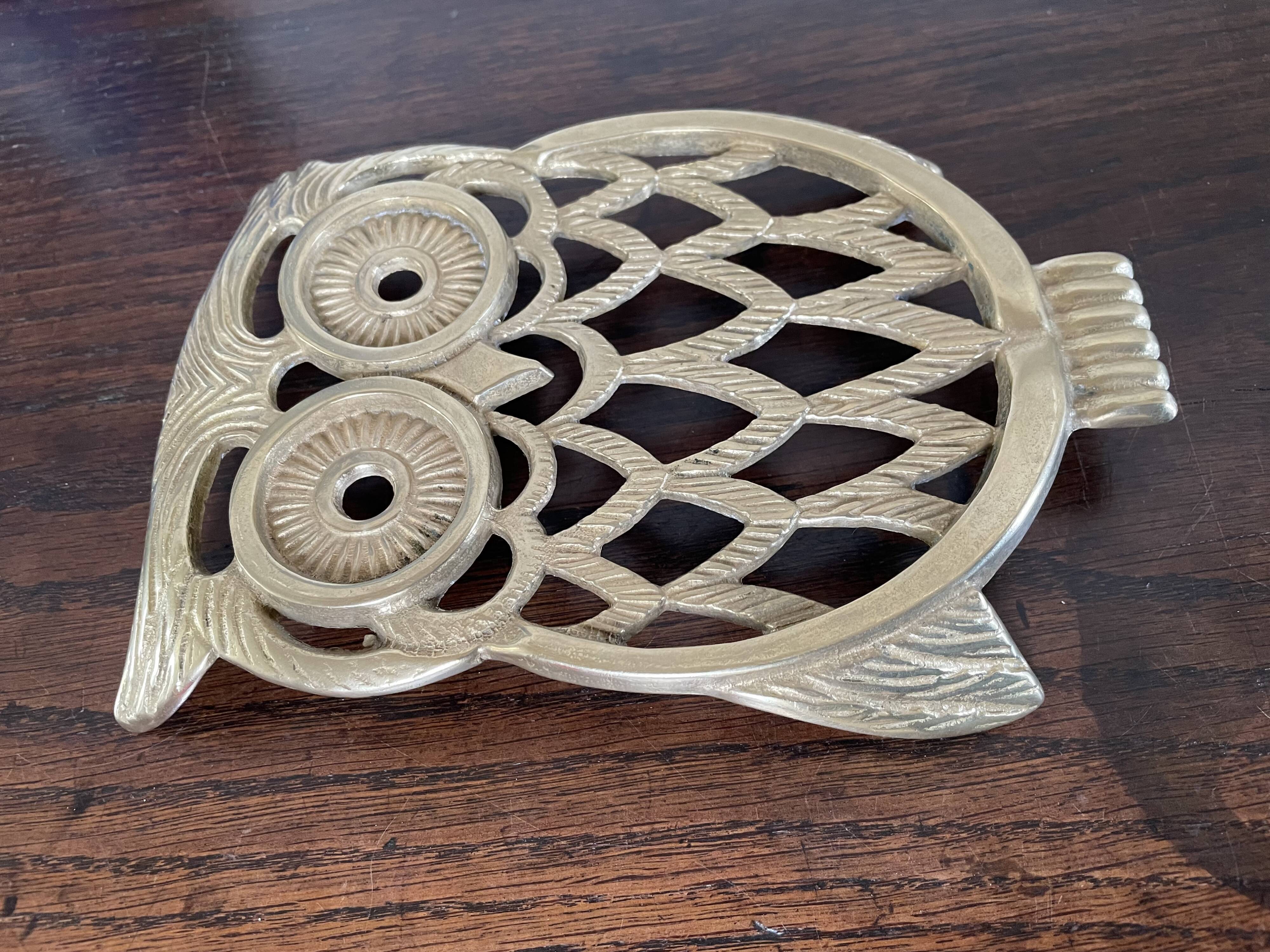 Owl trivet in golden brass