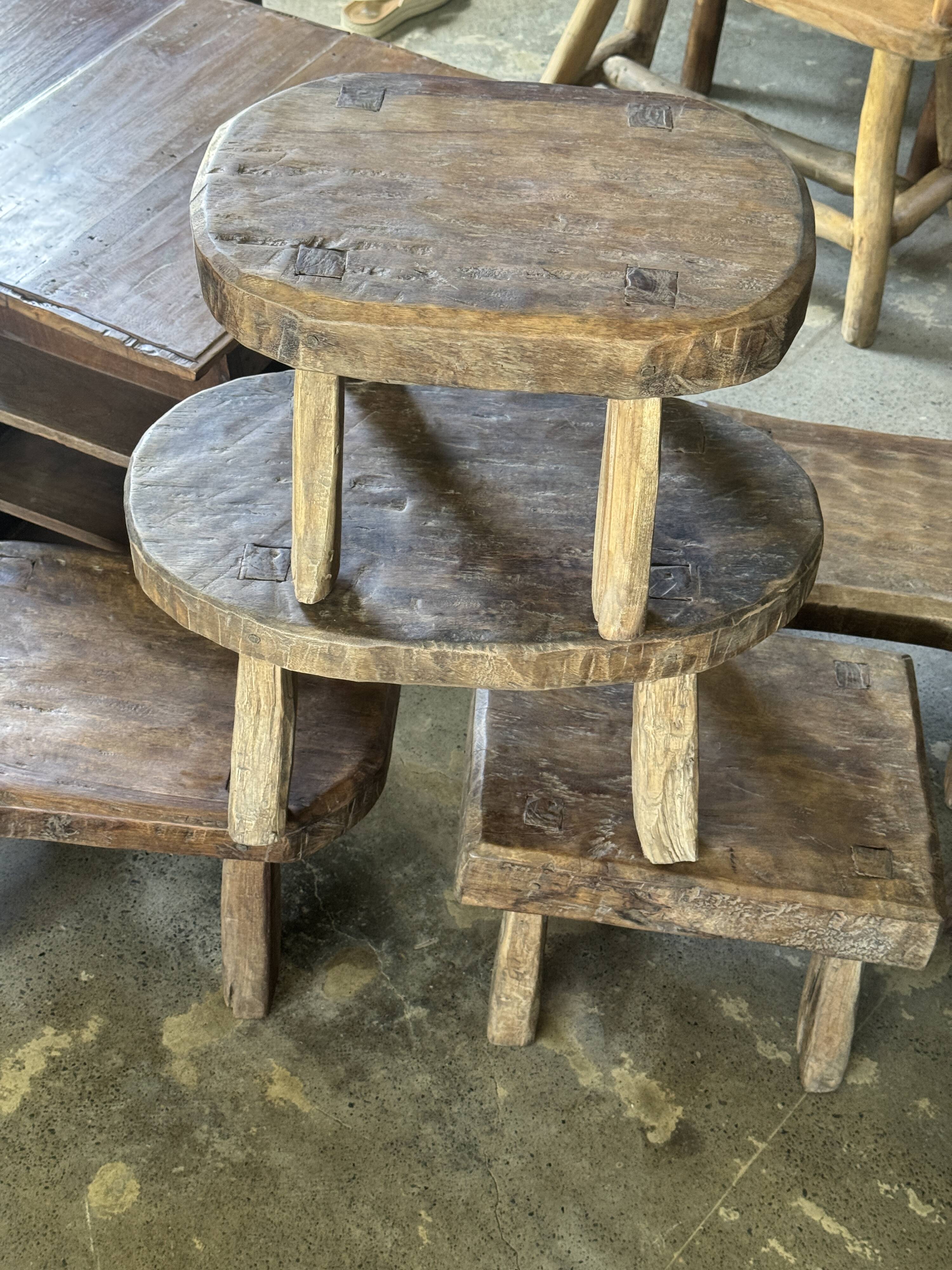 Small stool, oval solid teak accent stool with a two-tone seat.