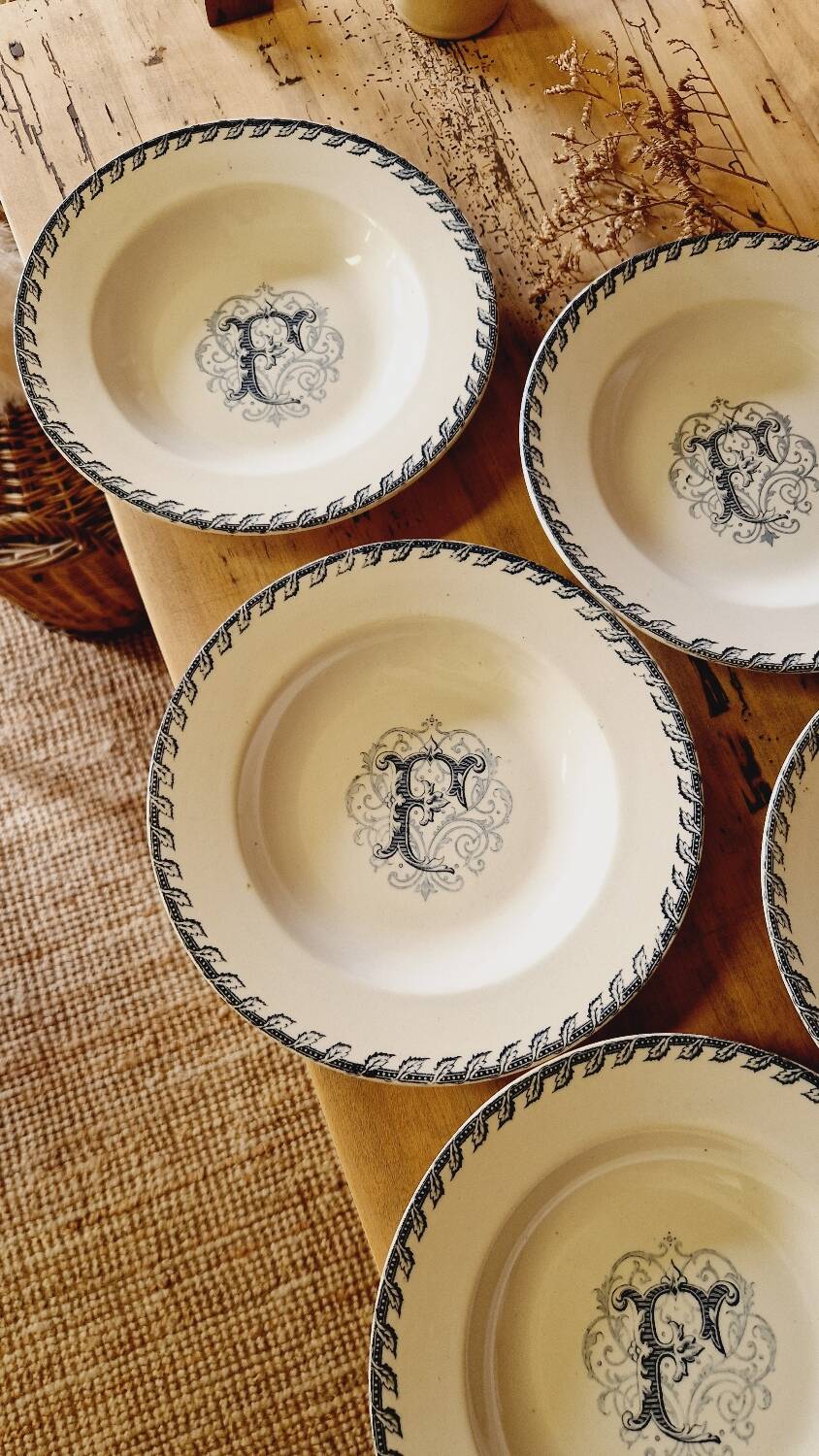 12 Luneville K&G soup plates, letter F