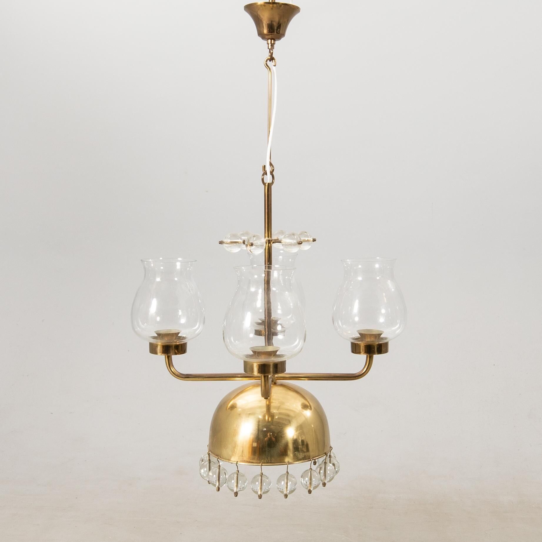 Chandelier Erik Höglund Brass and glass Sweden 1960