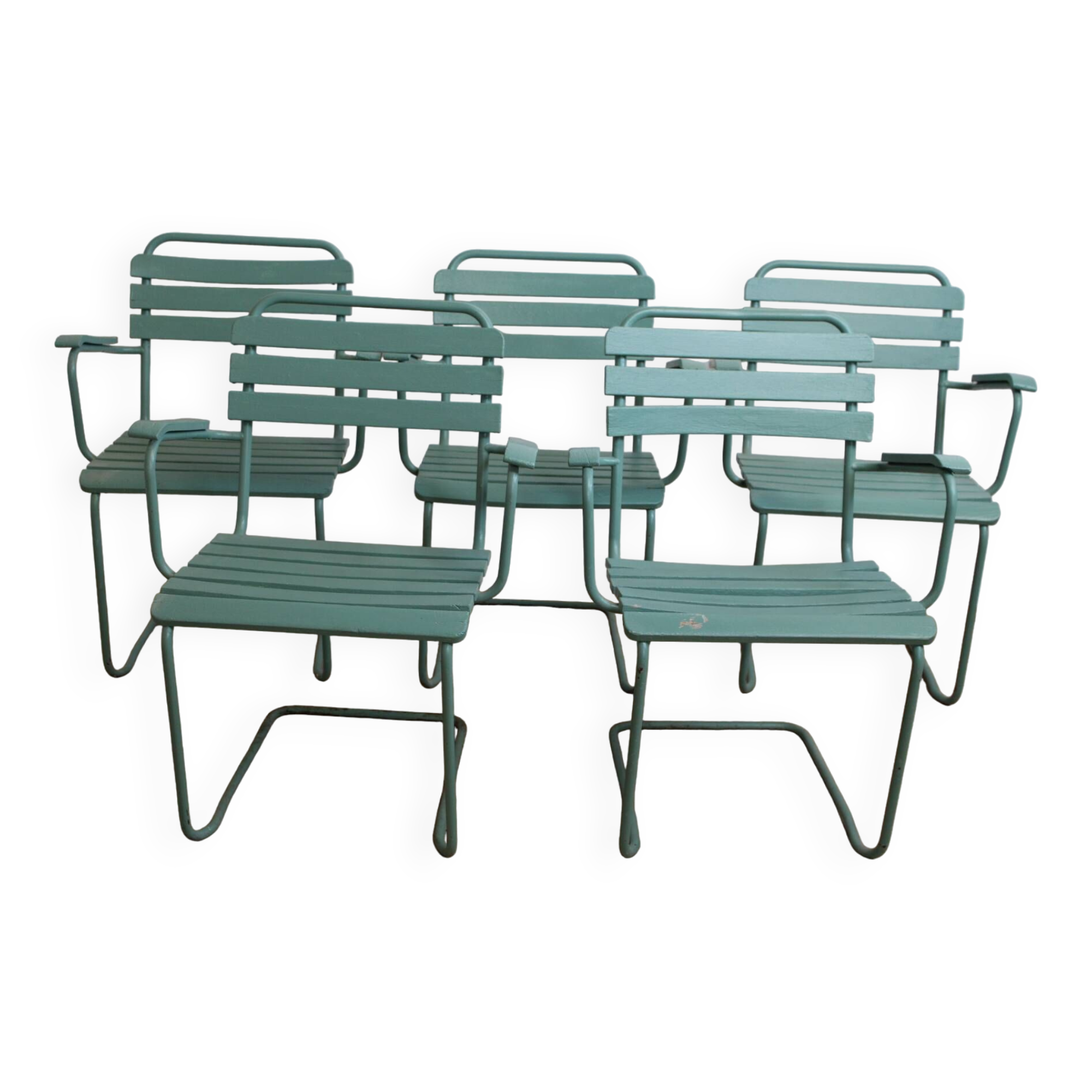 Garden chairs set of 5 in metal and painted stackable wood 1960 denmark