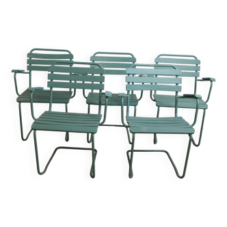 Garden chairs set of 5 in metal and painted stackable wood 1960 denmark