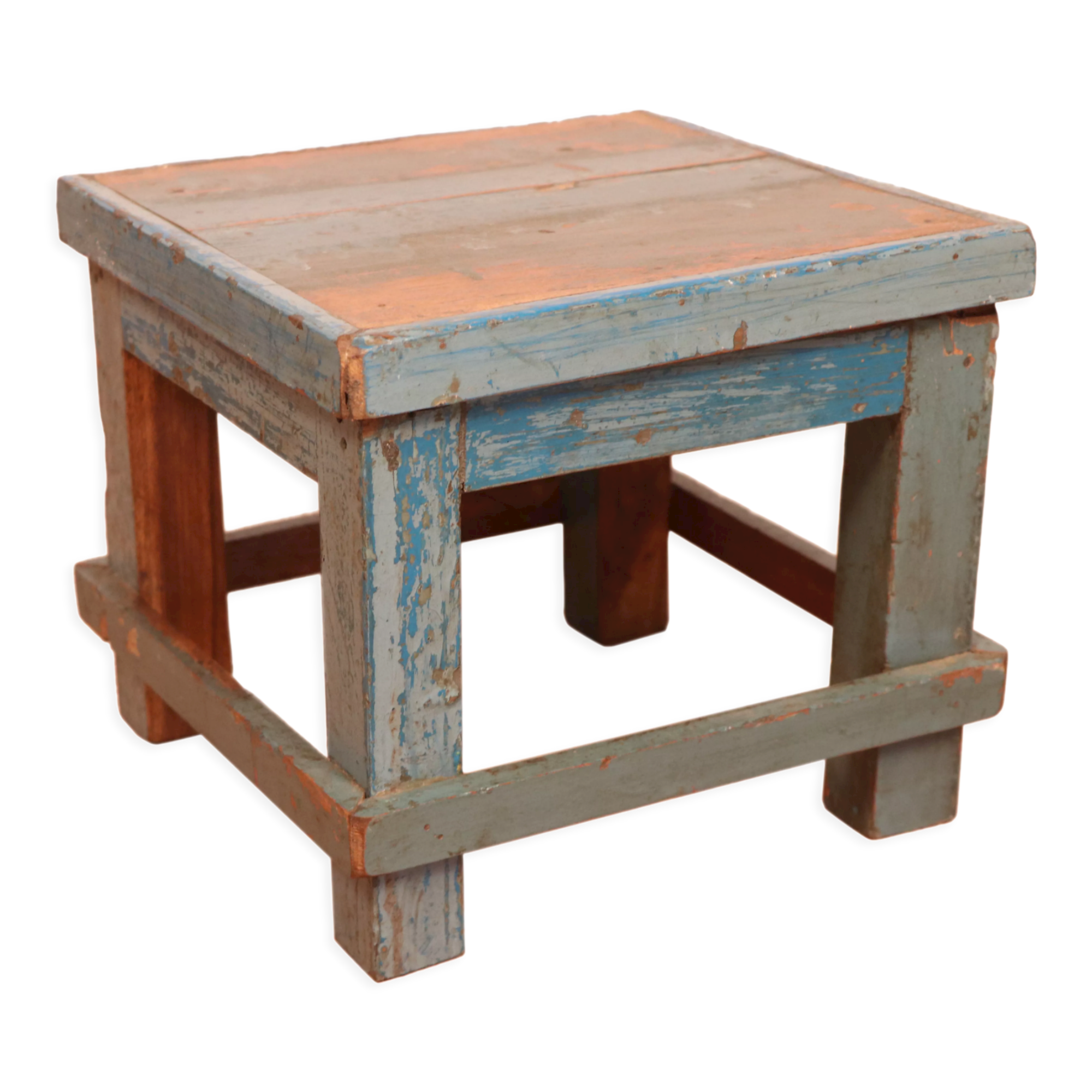 Old small workshop bedside table in Burmese teak original blue patina / ideal in fifth wheel p