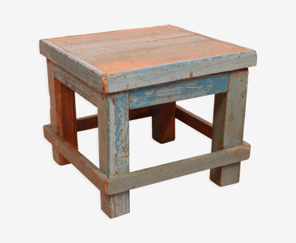 Table de chevet d'atelier en teck birman patine bleue d'origine /idéal en sellette p