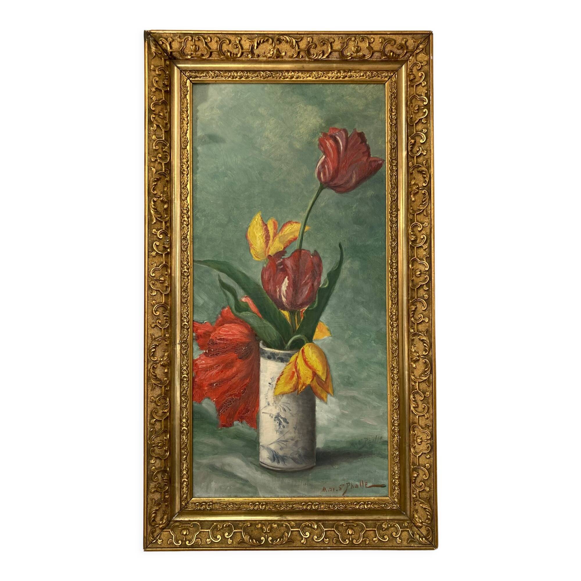Oil on canvas "tulips" gilded frame