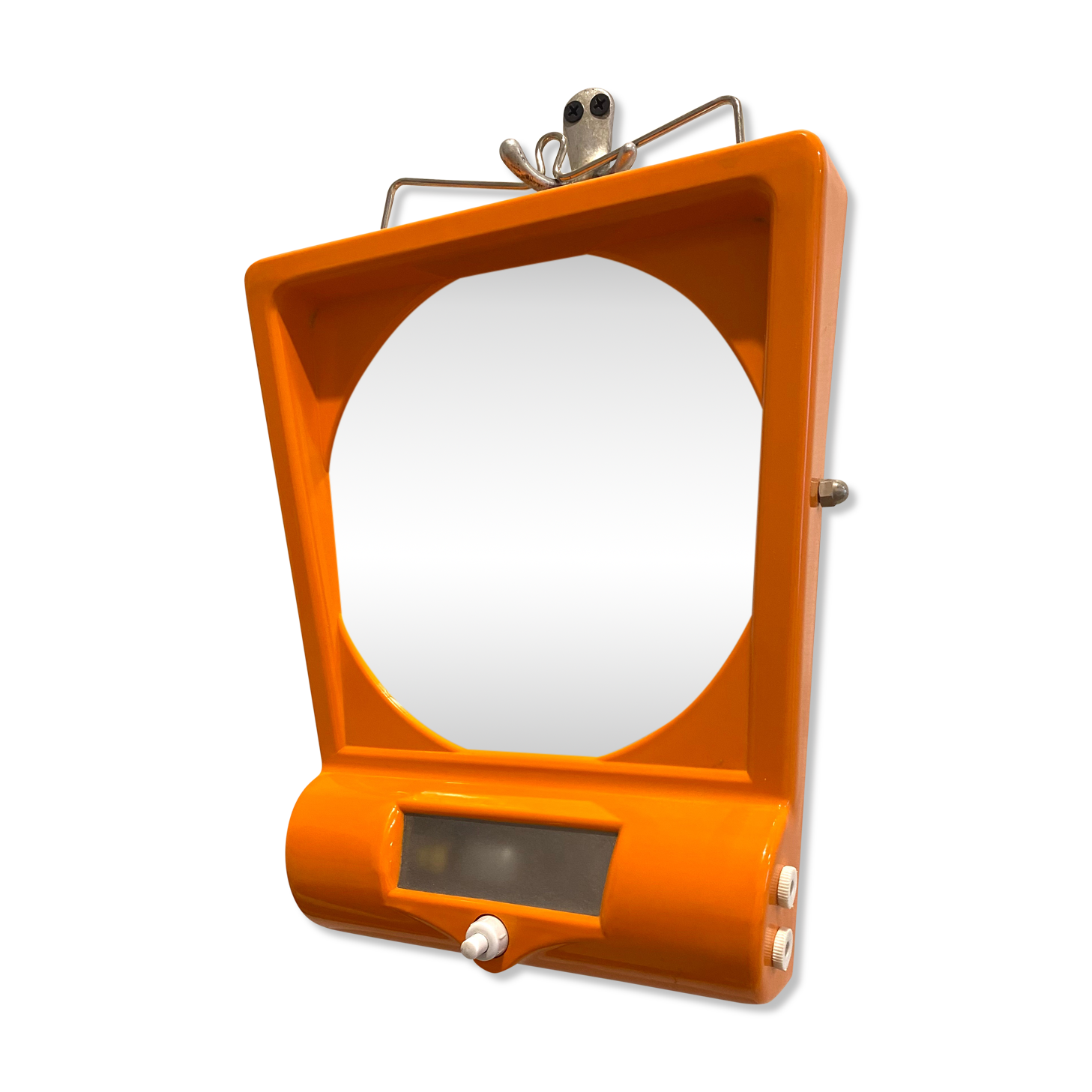 Orange table mirror or magnifying wall with lighting, 70s