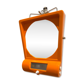 Orange table mirror or magnifying wall with lighting, 70s
