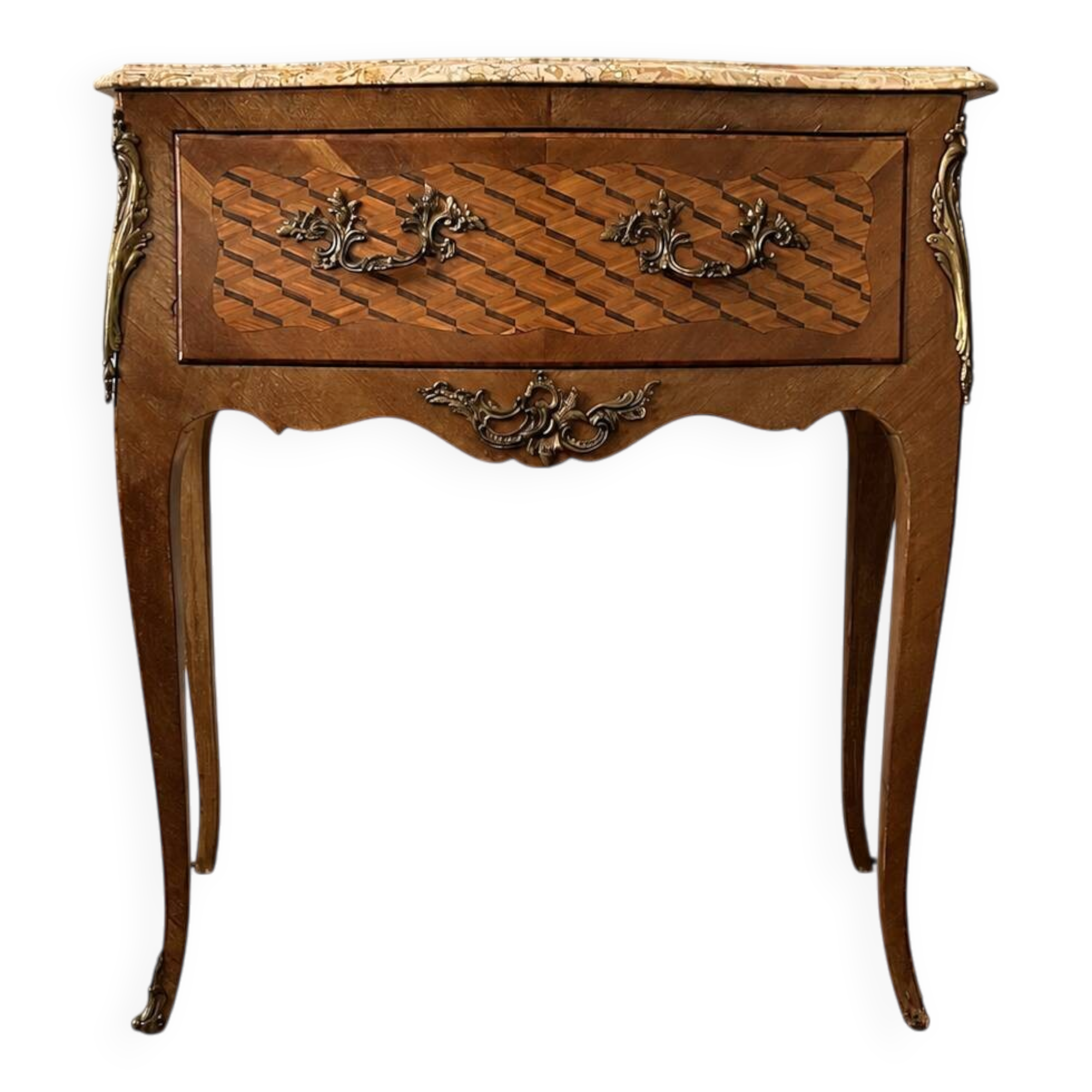 Small jump commode in Louis XV style with marquetry and marble.