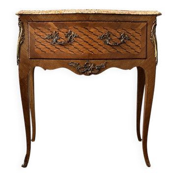Small jump cabinet in Louis XV style with marquetry and marble.