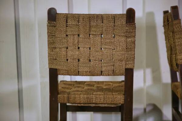 Pair of Brutalist chairs with braided rope seats, 1950s