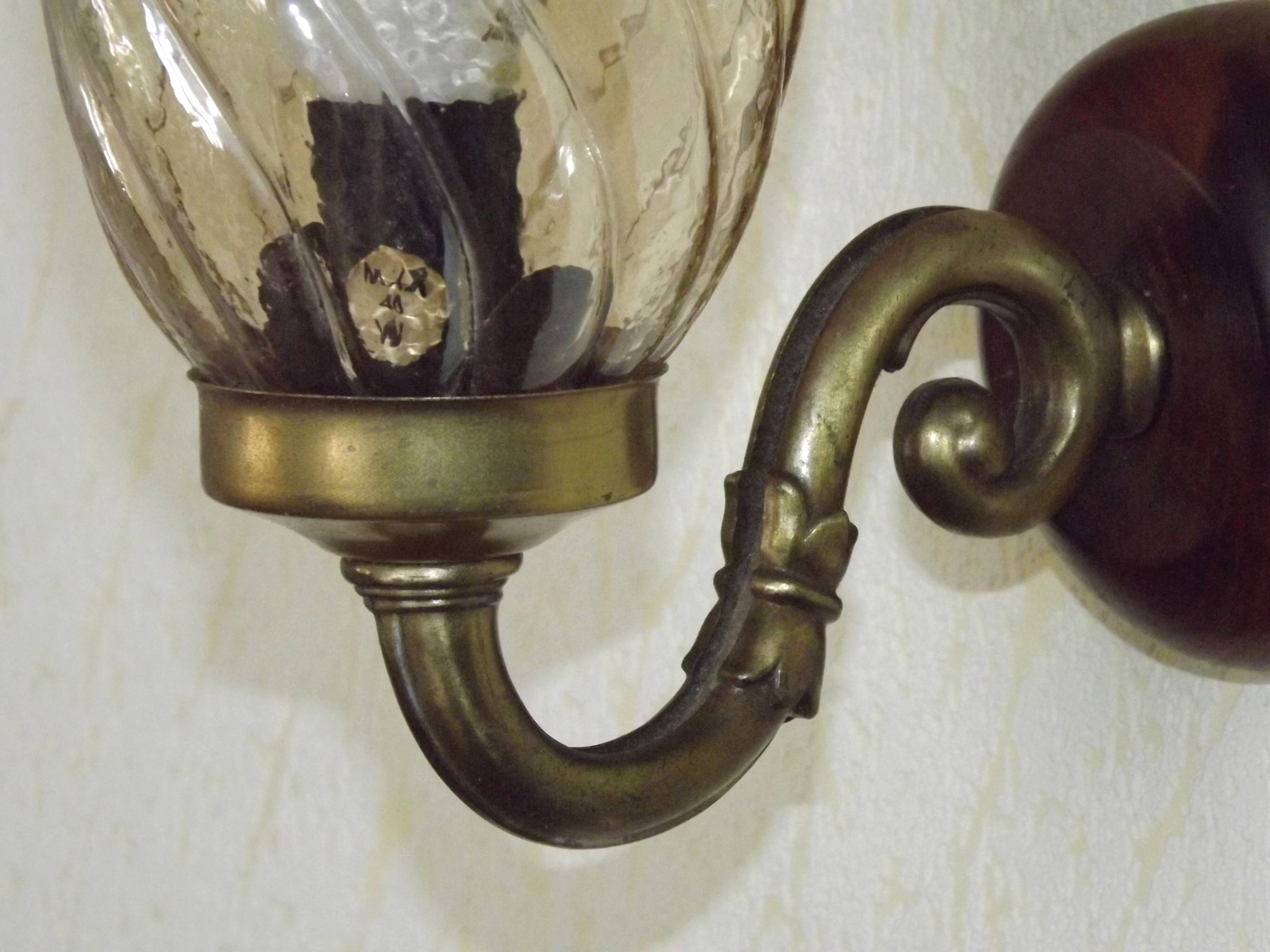 Vintage wooden and metal wall light with bronze effect, amber glass shade 5168