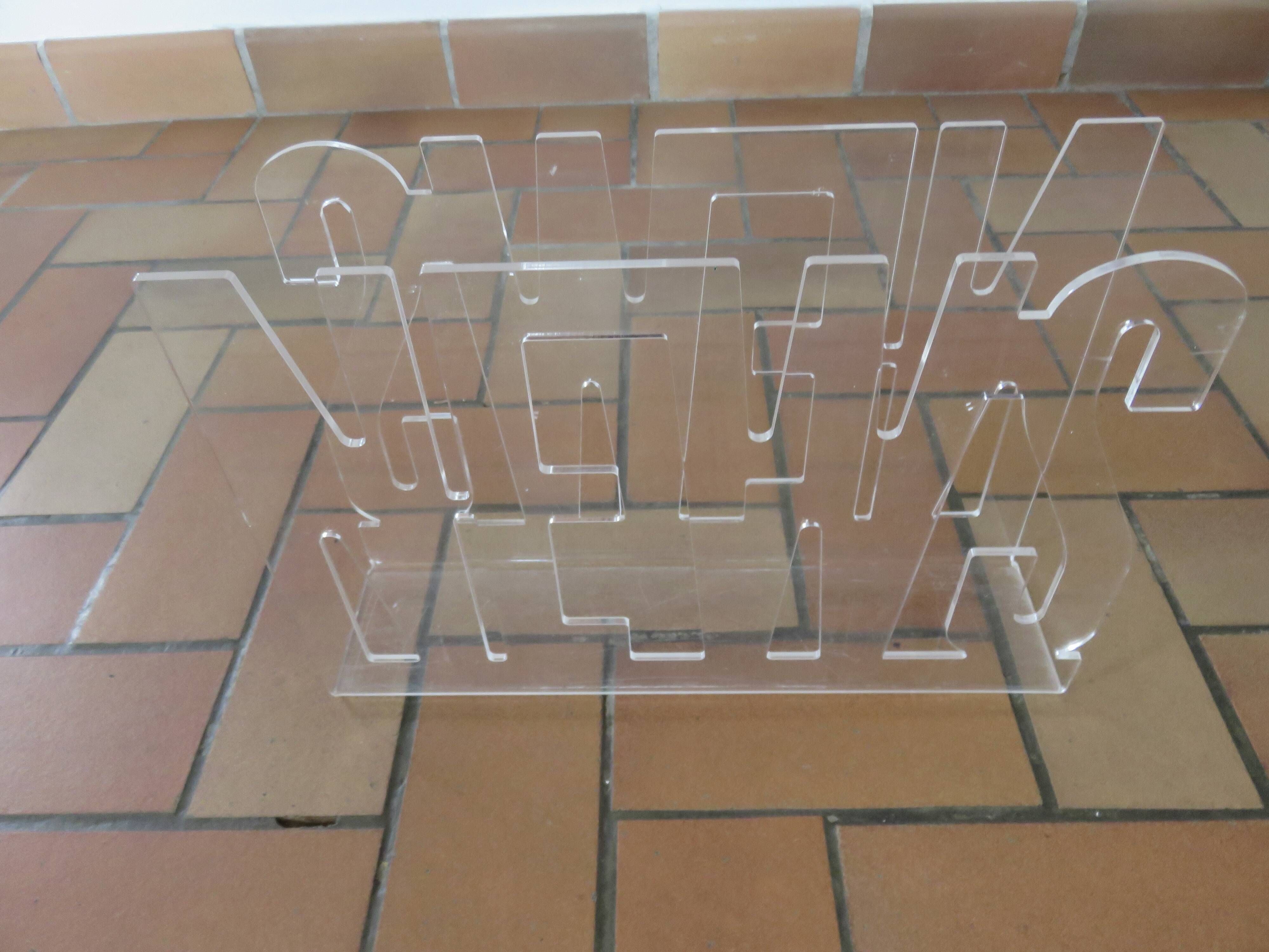 "News" magazine rack in transparent plexiglass, 1980s, vintage.