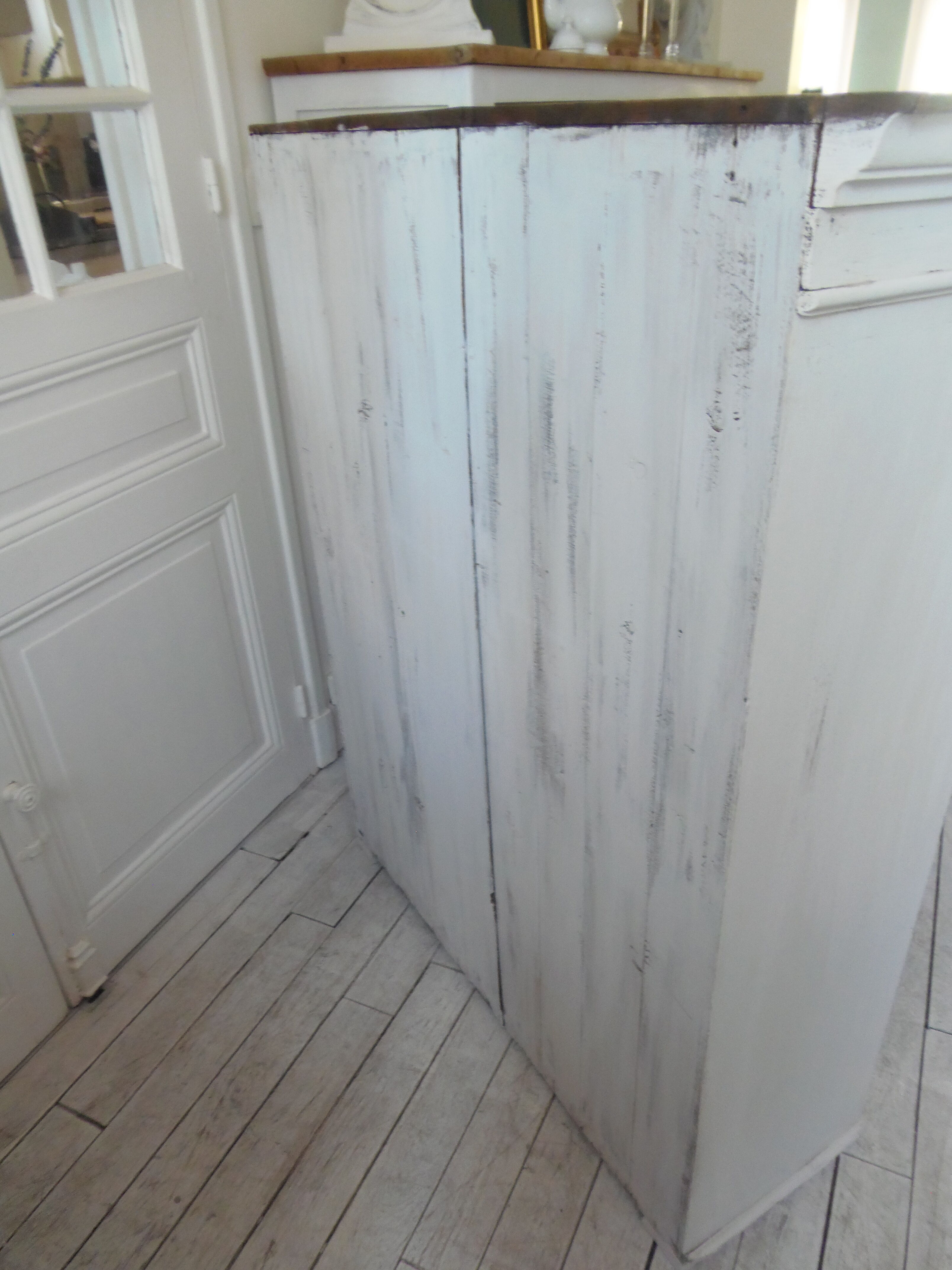 Showcase, bookcase, vintage pearl grey patinated cupboard, wooden top.