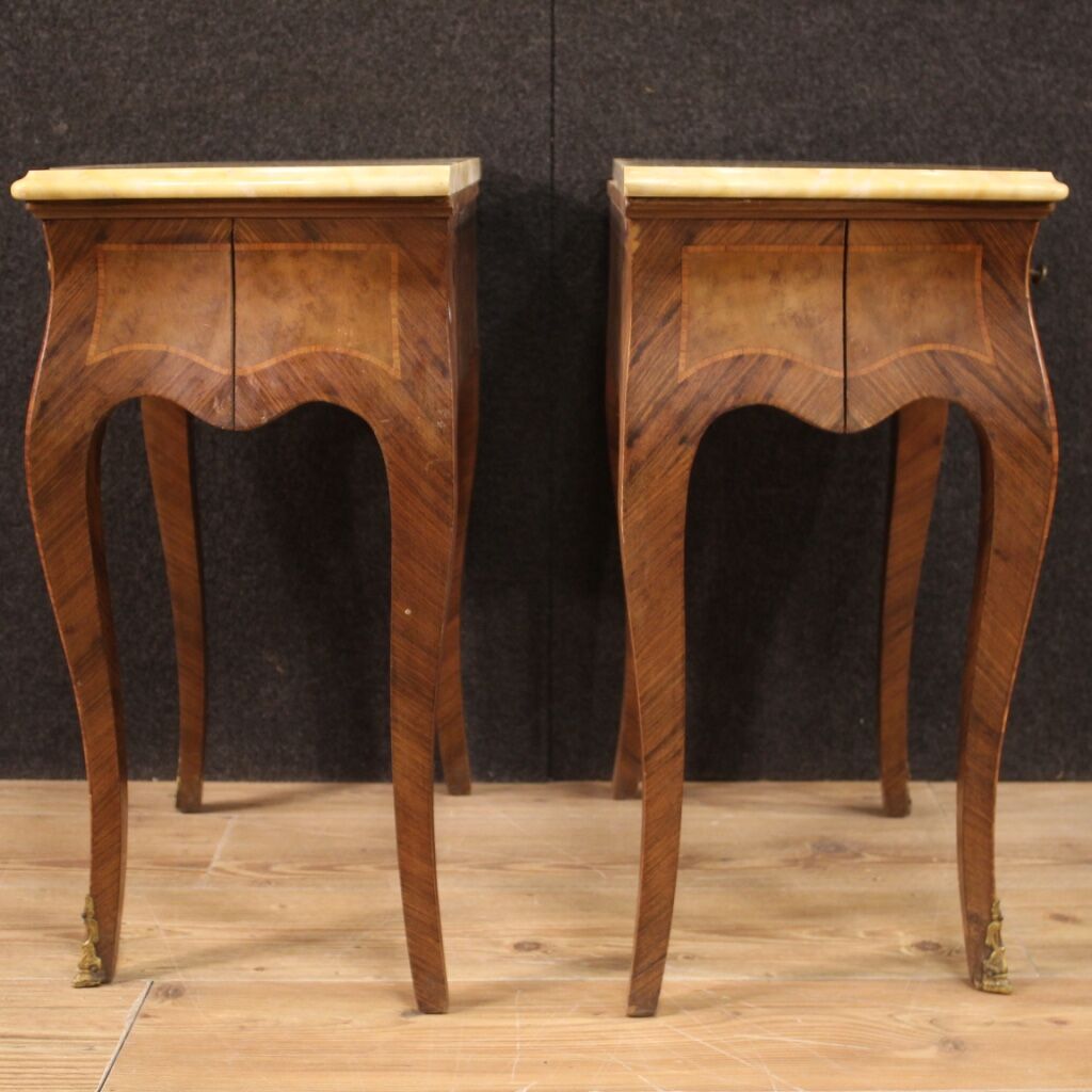 Pair of Italian inlaid bedside tables with marble top