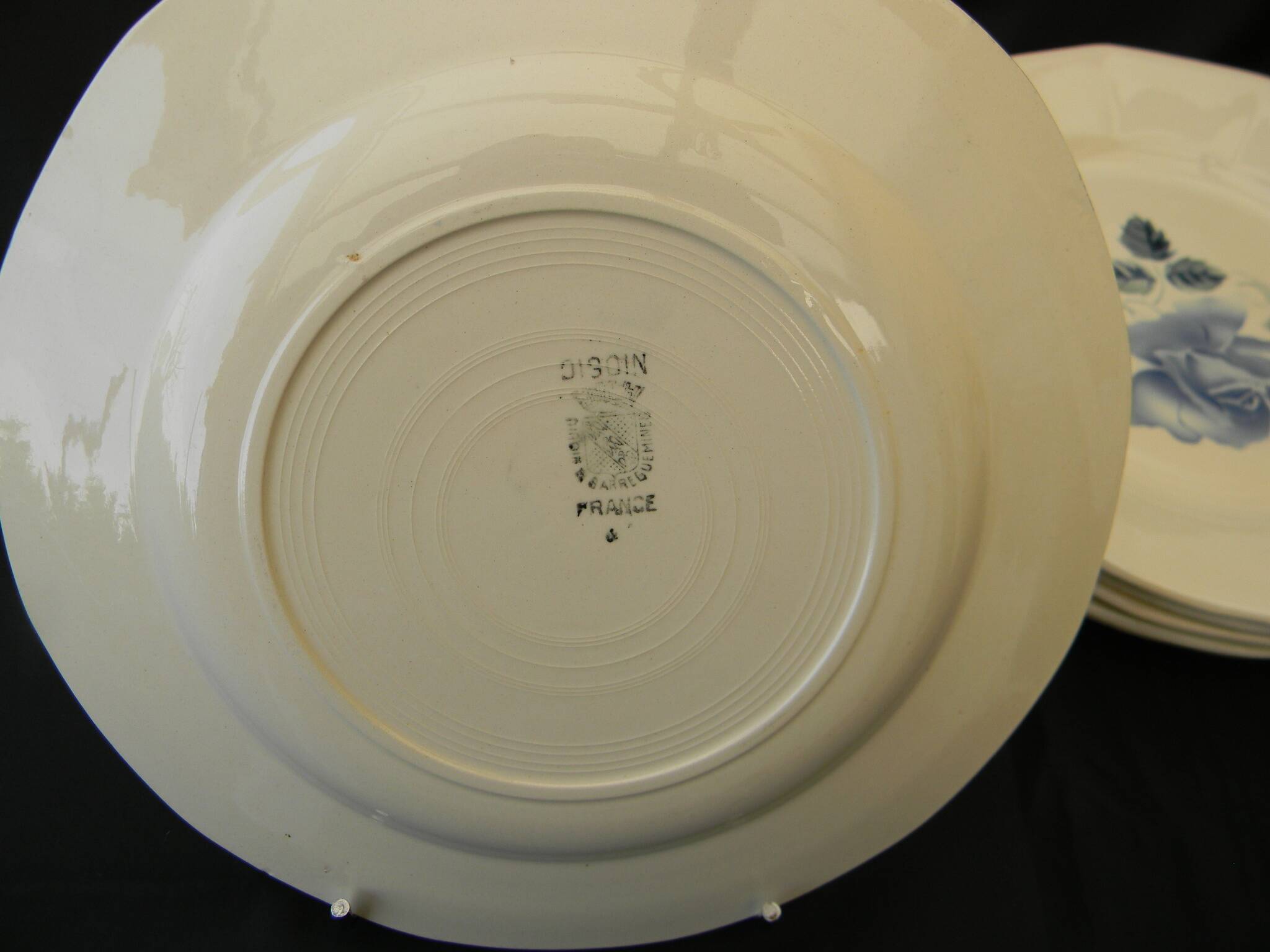6 flat plates in Digoin Sarreguemines earthenware. Blue rose decoration.