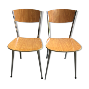 Paire de chaises pieds compas métal chromé avec formica marron années 70 vintage