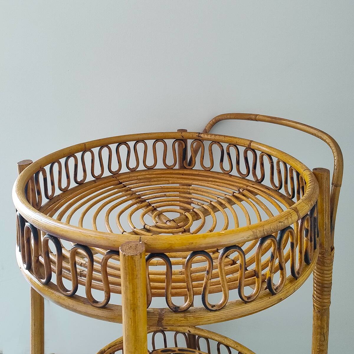 1960s Bamboo & Rattan Serving Bar Cart Trolley by Franco Albini. Made in Italy