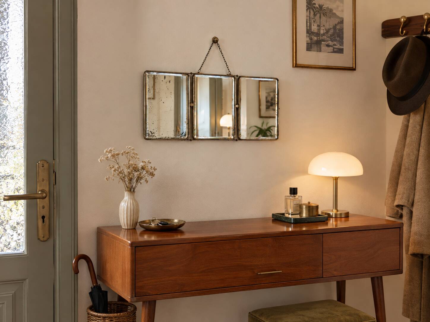 Vintage 1950 triptych mirror barber beveled crystal hairdresser - 25 x 59 cm