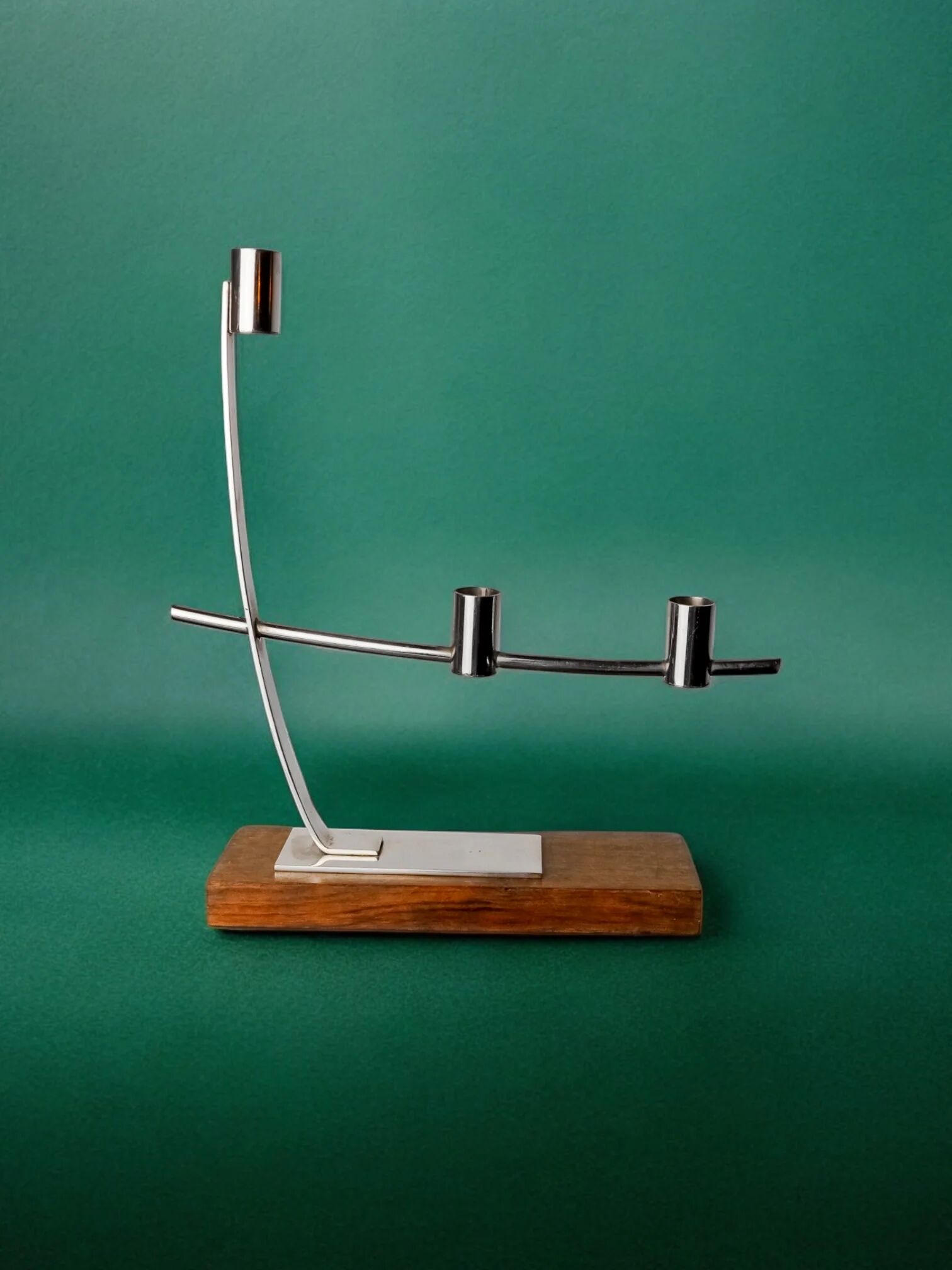 Candlestick in stainless steel and rosewood, 3 flames, Denmark, 1970