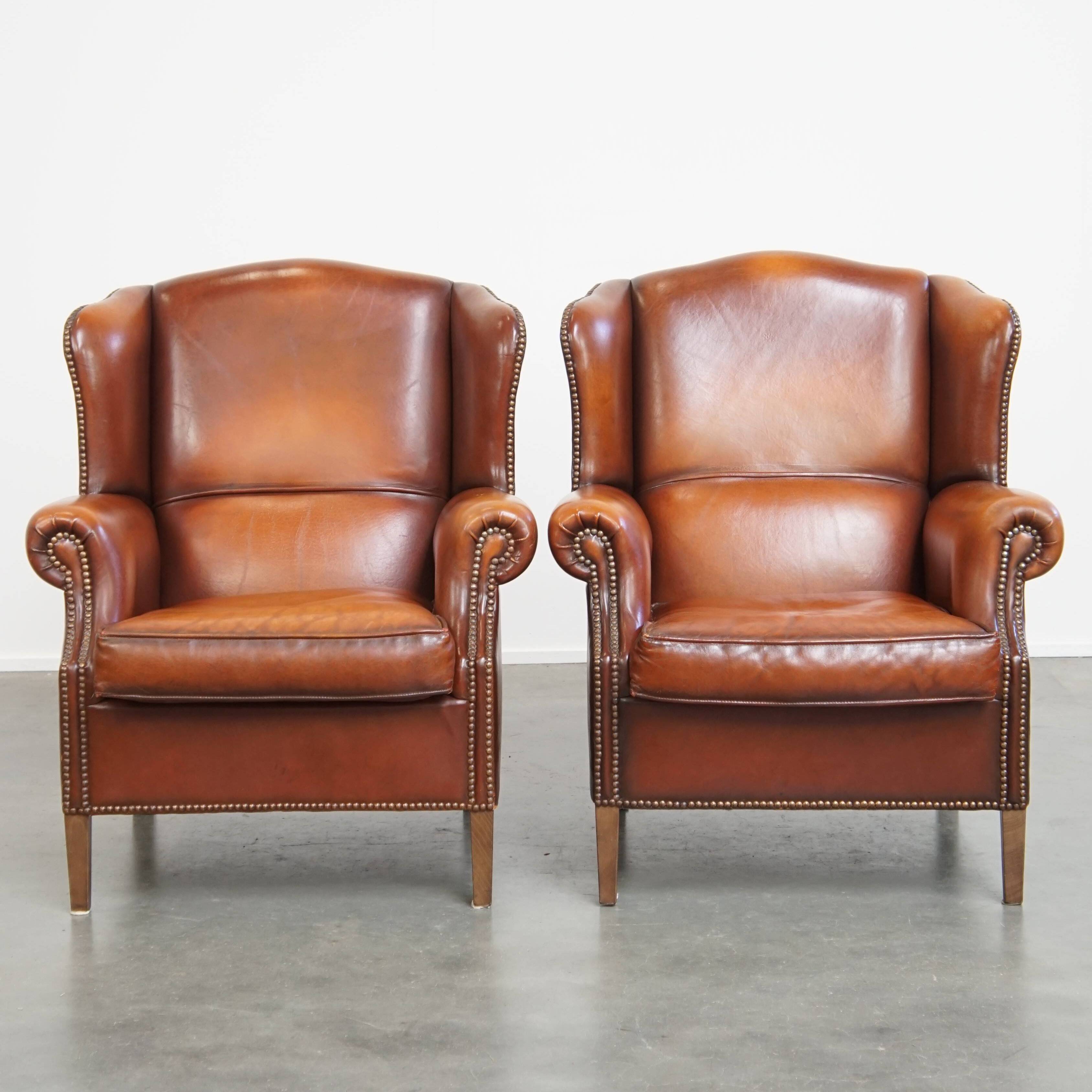 Set of 2 English style sheepskin leather wingback armchairs