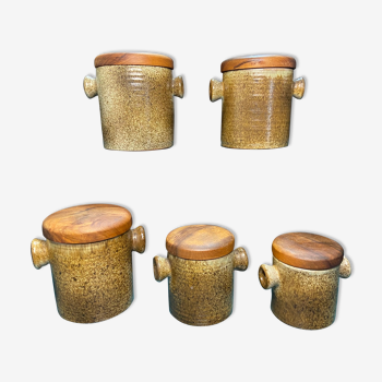 Set of 5 spice pots in stoneware-wood lid-70s