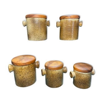Set of 5 spice pots in stoneware-wood lid-70s