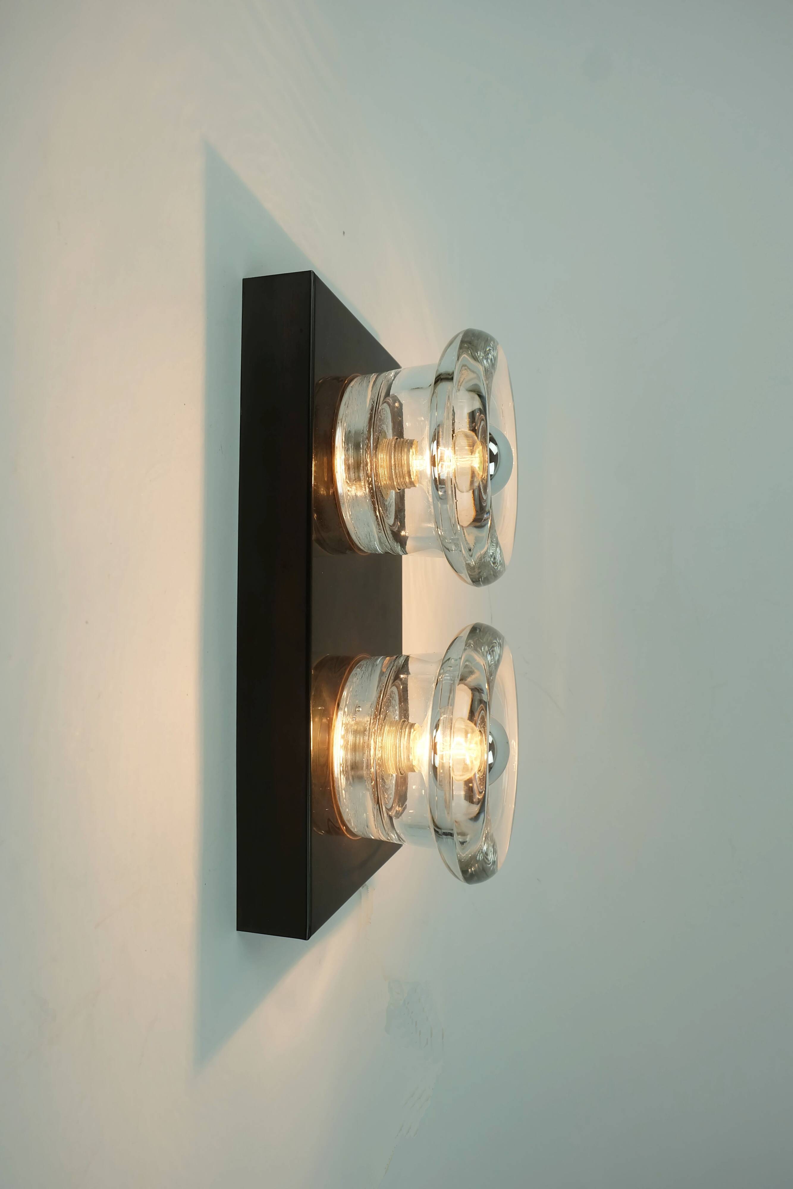 1960s 70s space age sconce by cosack-leuchten 2 thick glass shades and meta