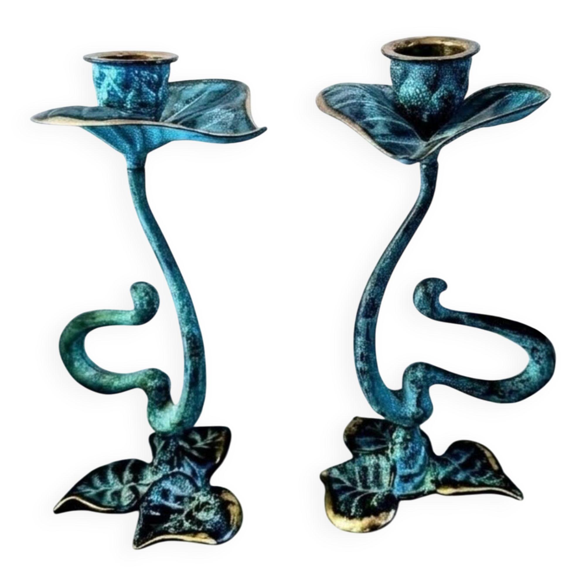 Pair of patinated greenish-blue bronze candlesticks Art Nouveau style
