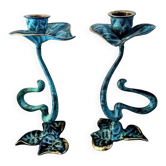 Pair of patinated greenish-blue bronze candlesticks Art Nouveau style