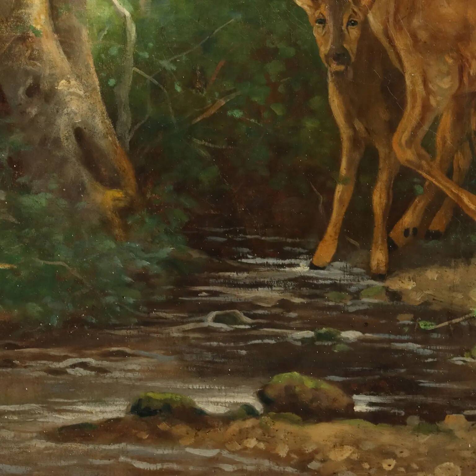 Old painting "Deer in the Woods" oil on canvas France 19th century