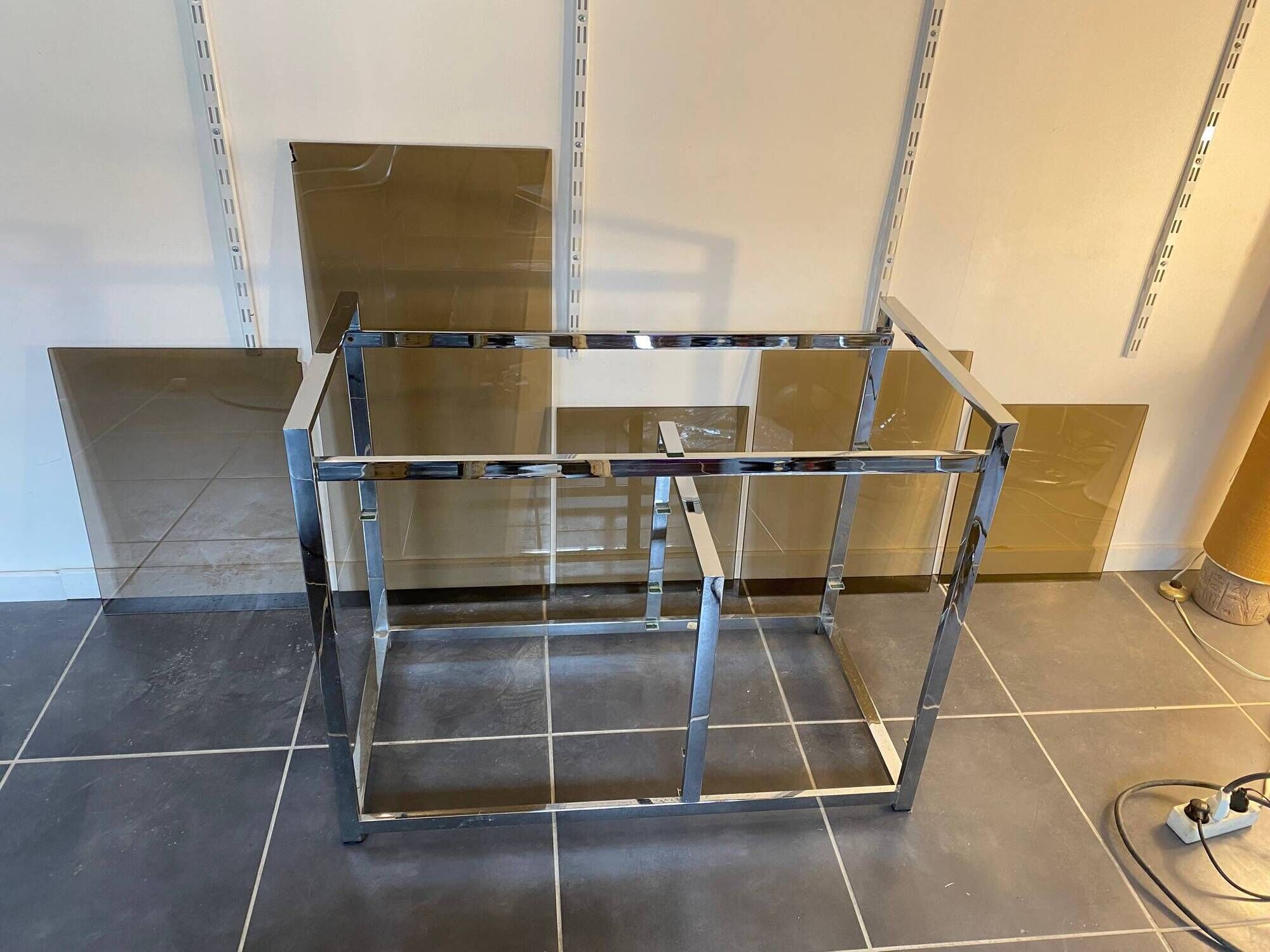 TV storage unit in chrome steel and vintage glass 1970