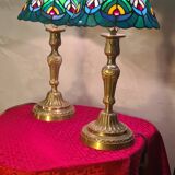 pair of antique bronze lamps, stained glass lampshades