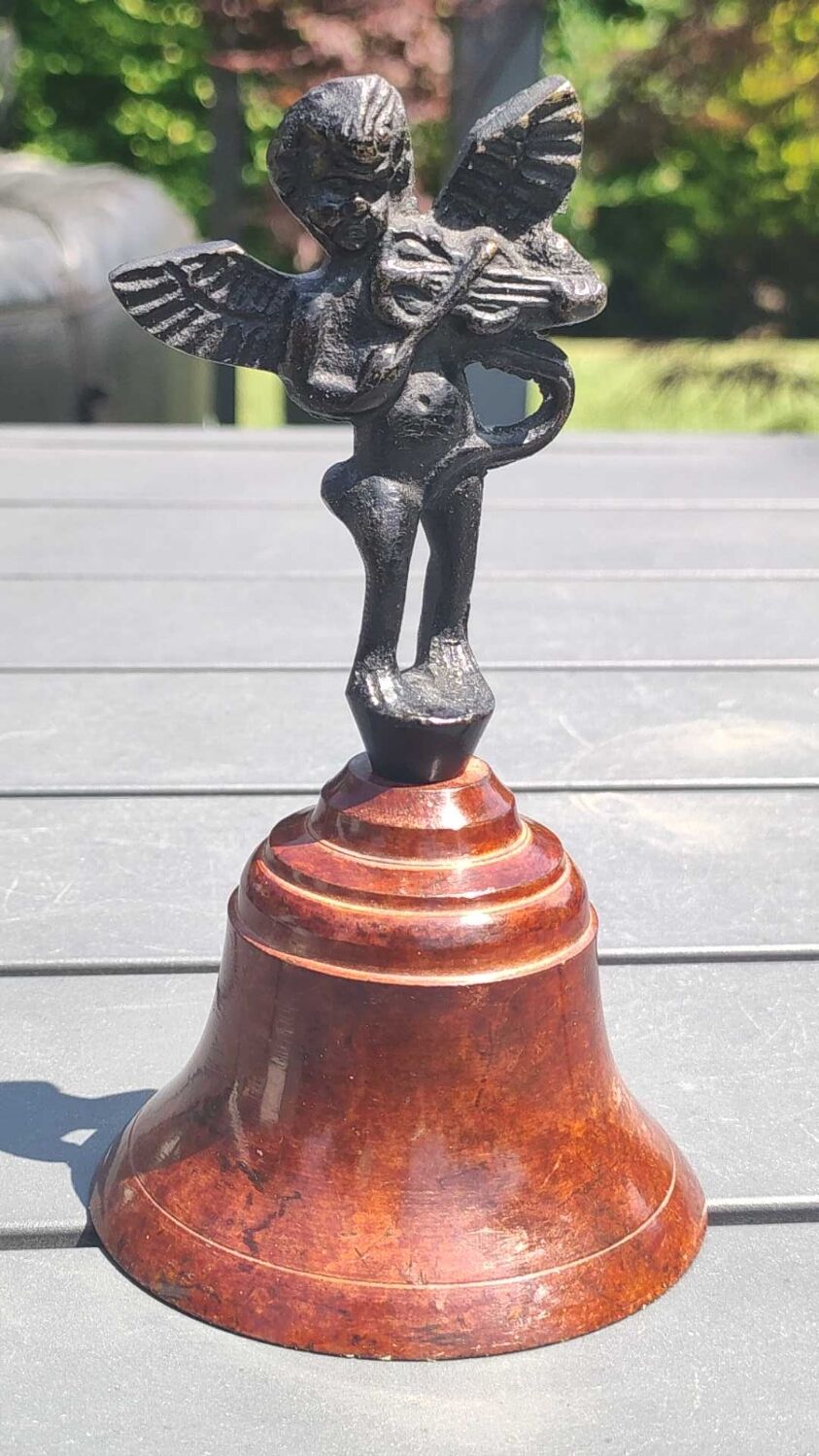 Pair of table bells musician angels in copper metal and bronze