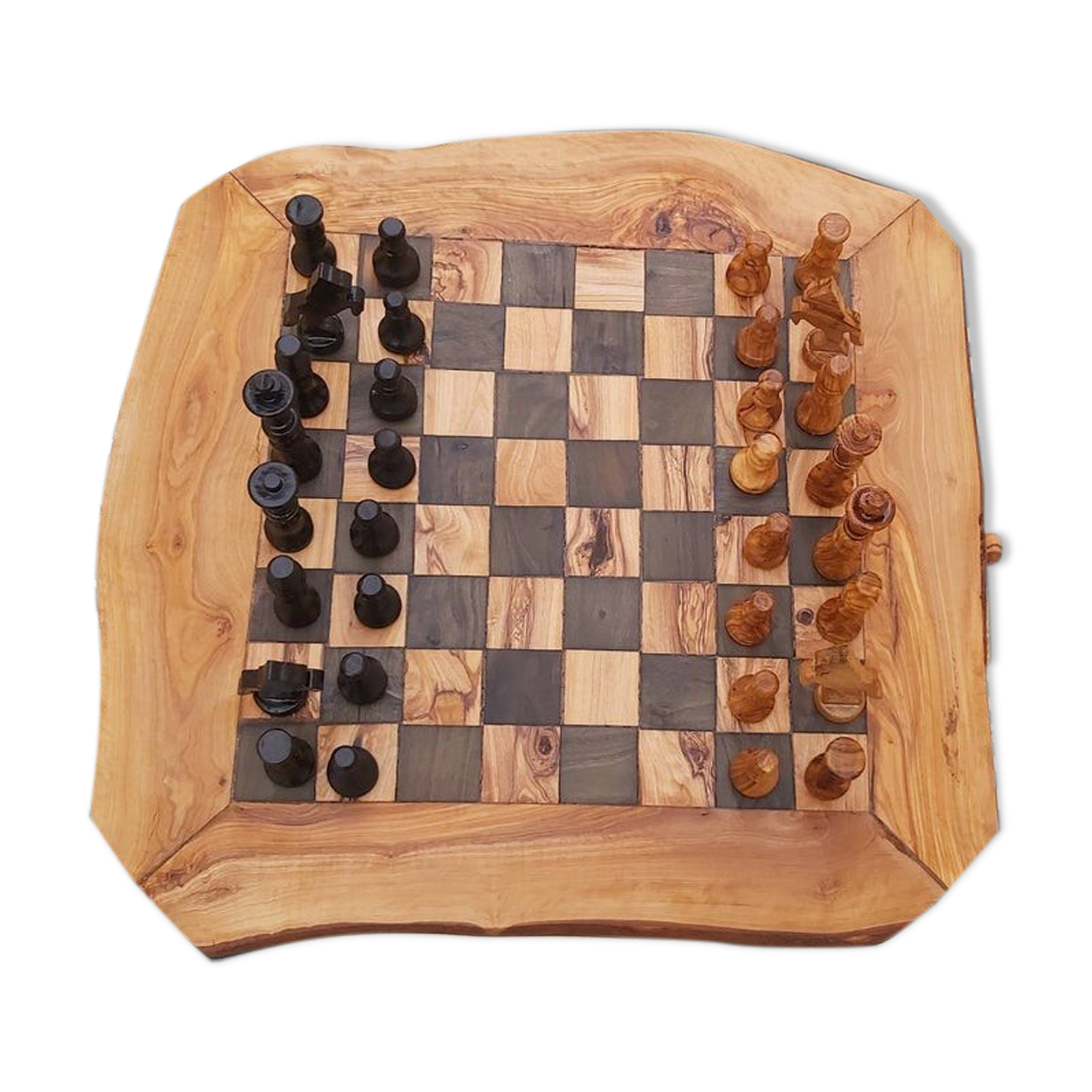 Natural olive wood edge, rustic chessboard