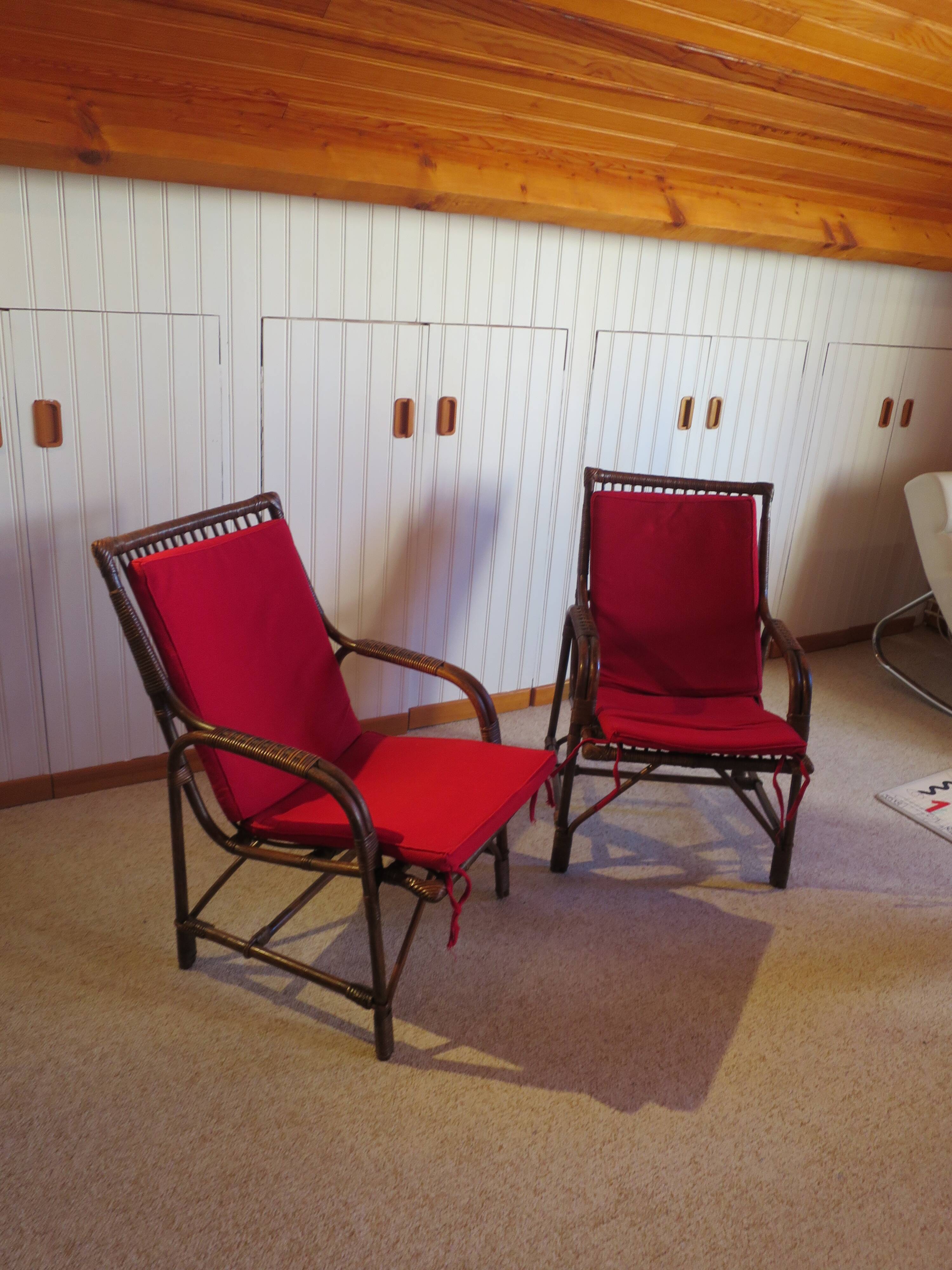 Lot de 2 Fauteuils de jardin en rotin et bambou -Vintage -Années 60 - avec coussins - vernis satin