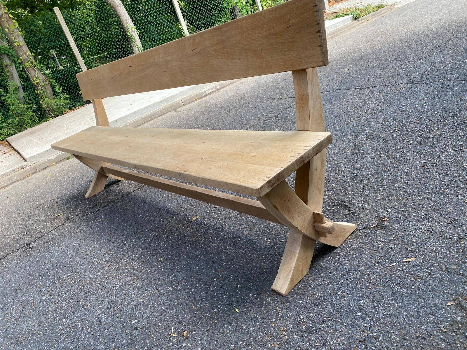 Monastery bench with a 220 cm backrest, renovated in raw solid oak with X legs.