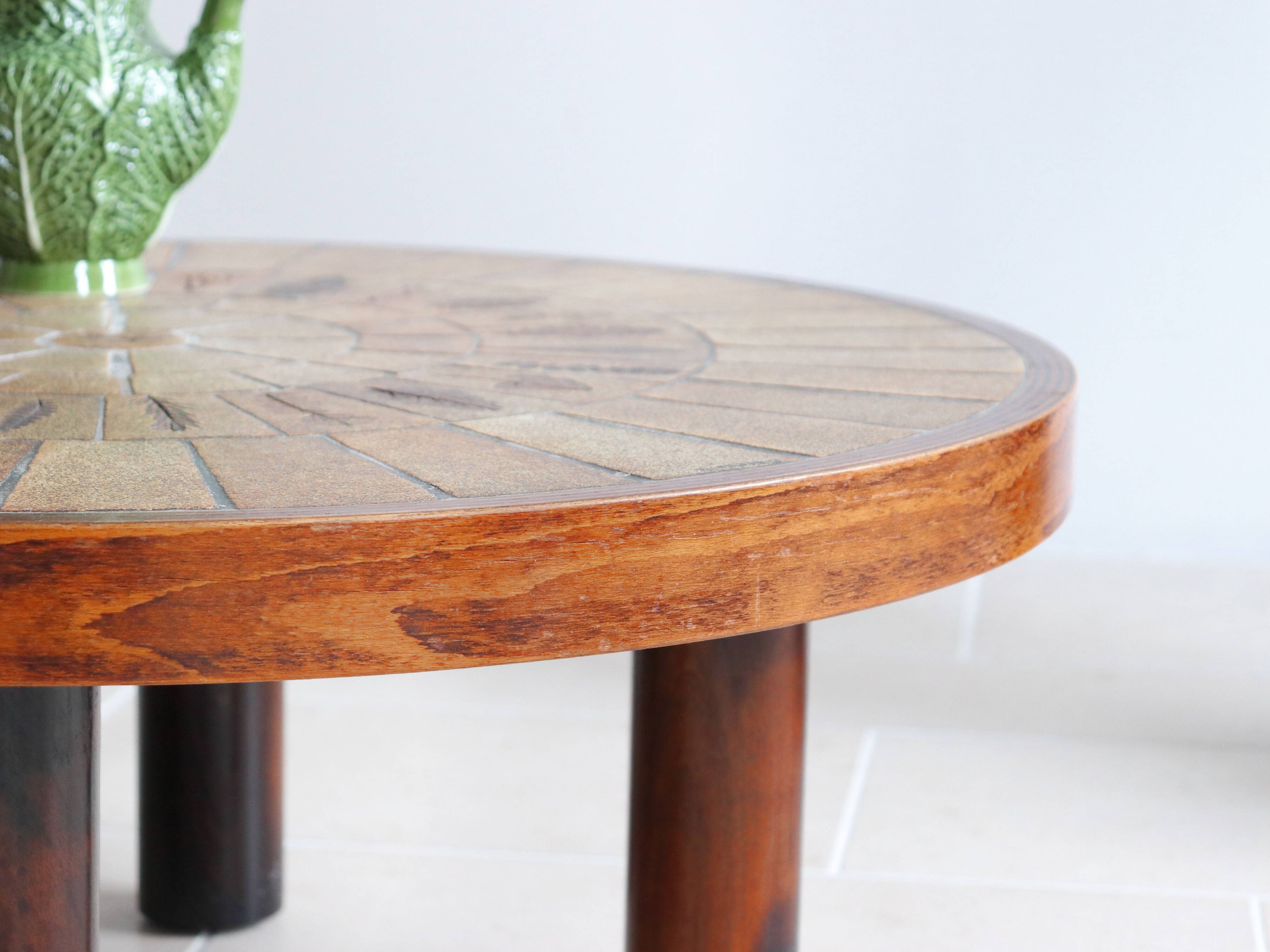 Round coffee table in wood and ceramic by Roger Capron, herbier/garrigue model, 60s/70s