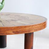 Round coffee table in wood and ceramic by Roger Capron, herbier/garrigue model, 60s/70s