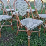 Set of 8 Parisian rattan bistro chairs braiding green and ecru