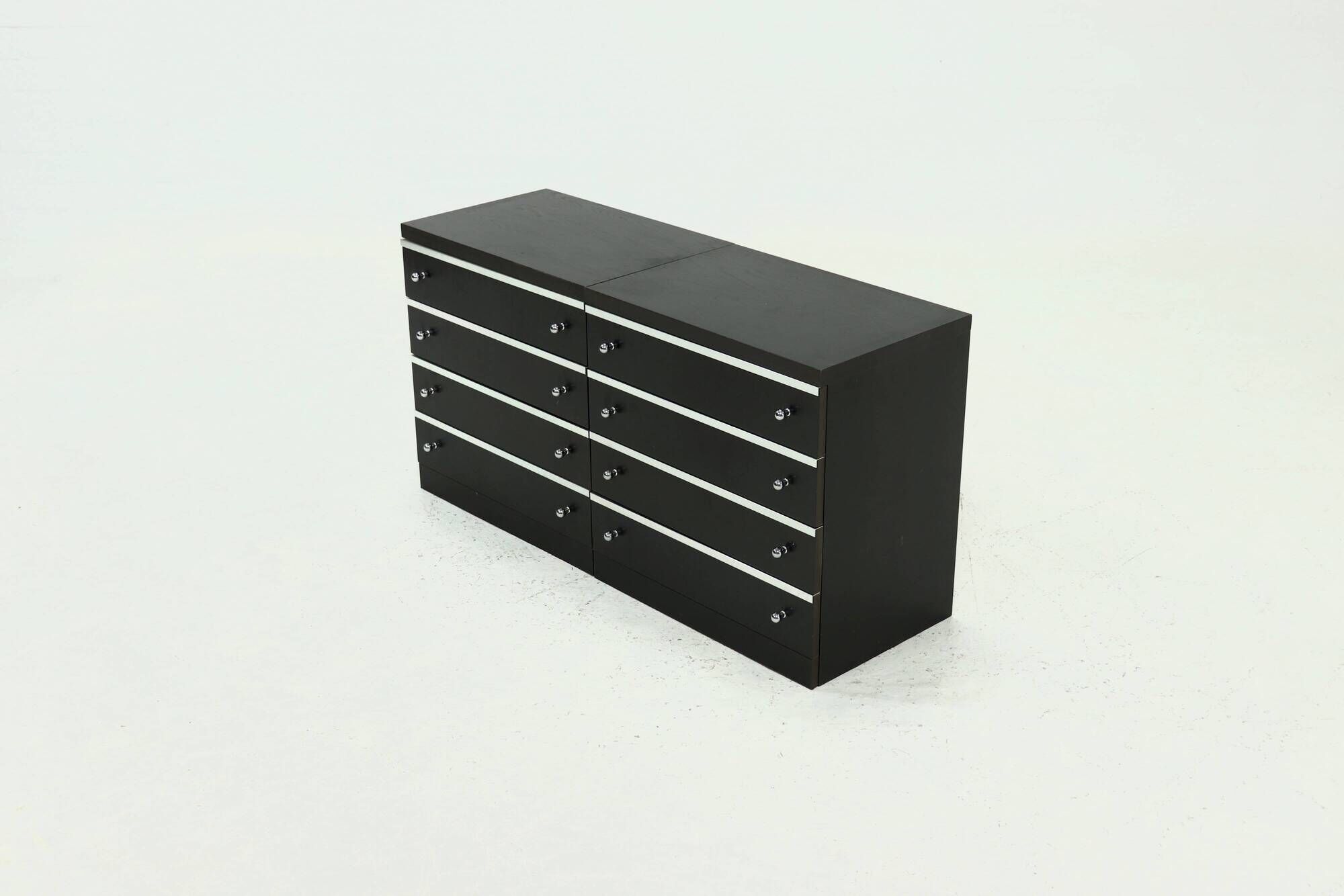 Pair Chest of Drawers in Ebonized Wood with Aluminium Accents 1980s