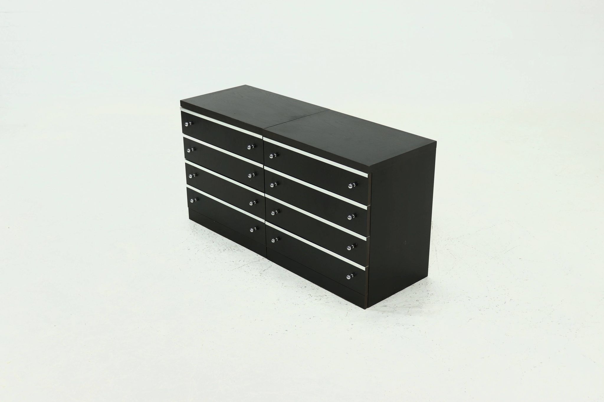 Pair Chest of Drawers in Ebonized Wood with Aluminium Accents 1980s