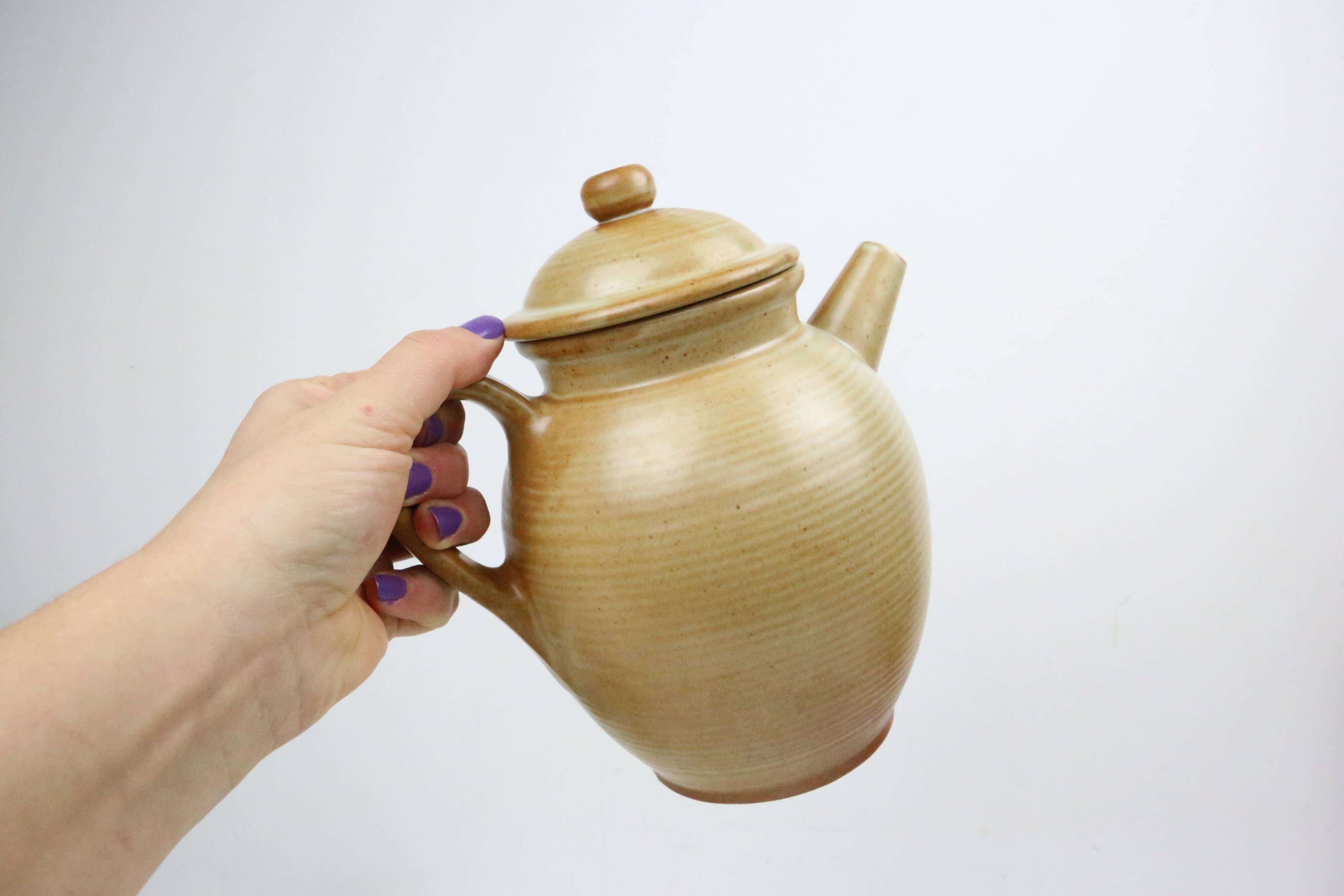 Vintage beige stoneware teapot, signed Grès Village