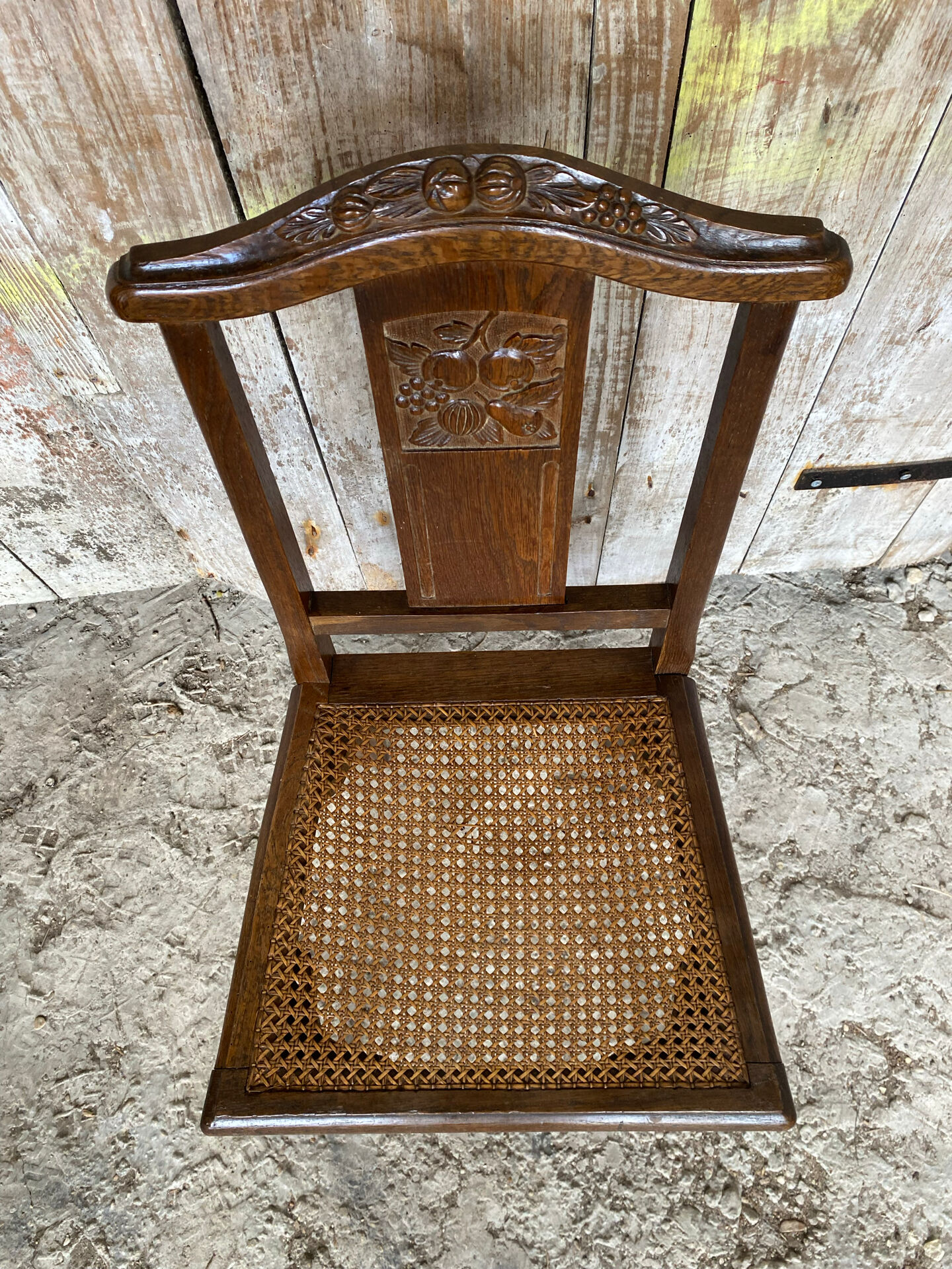 Chaise ancienne art déco bois sculpté & assise cannée vintage #e095