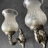 Pair of frosted glass globe wall lights from the early 20th century