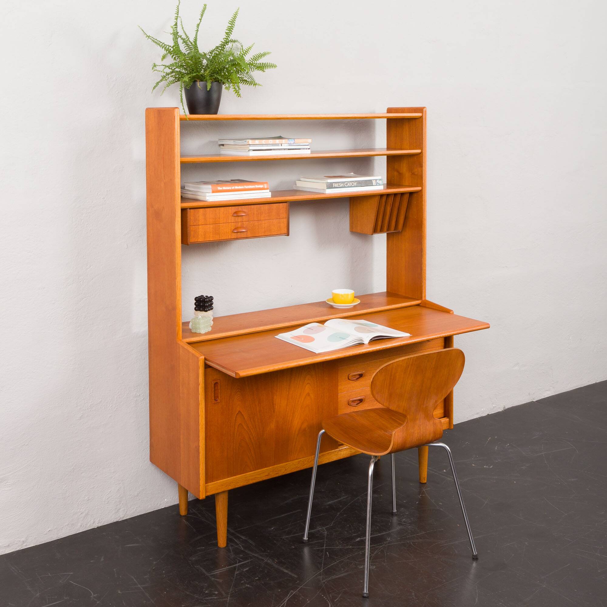 Danish vintage teak bookcase with a hidden desk, 1960s