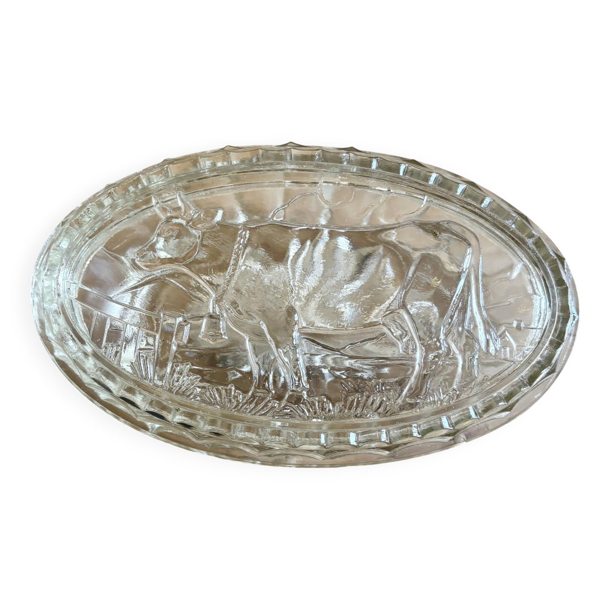 Vintage glass butter dish with cow decorations
