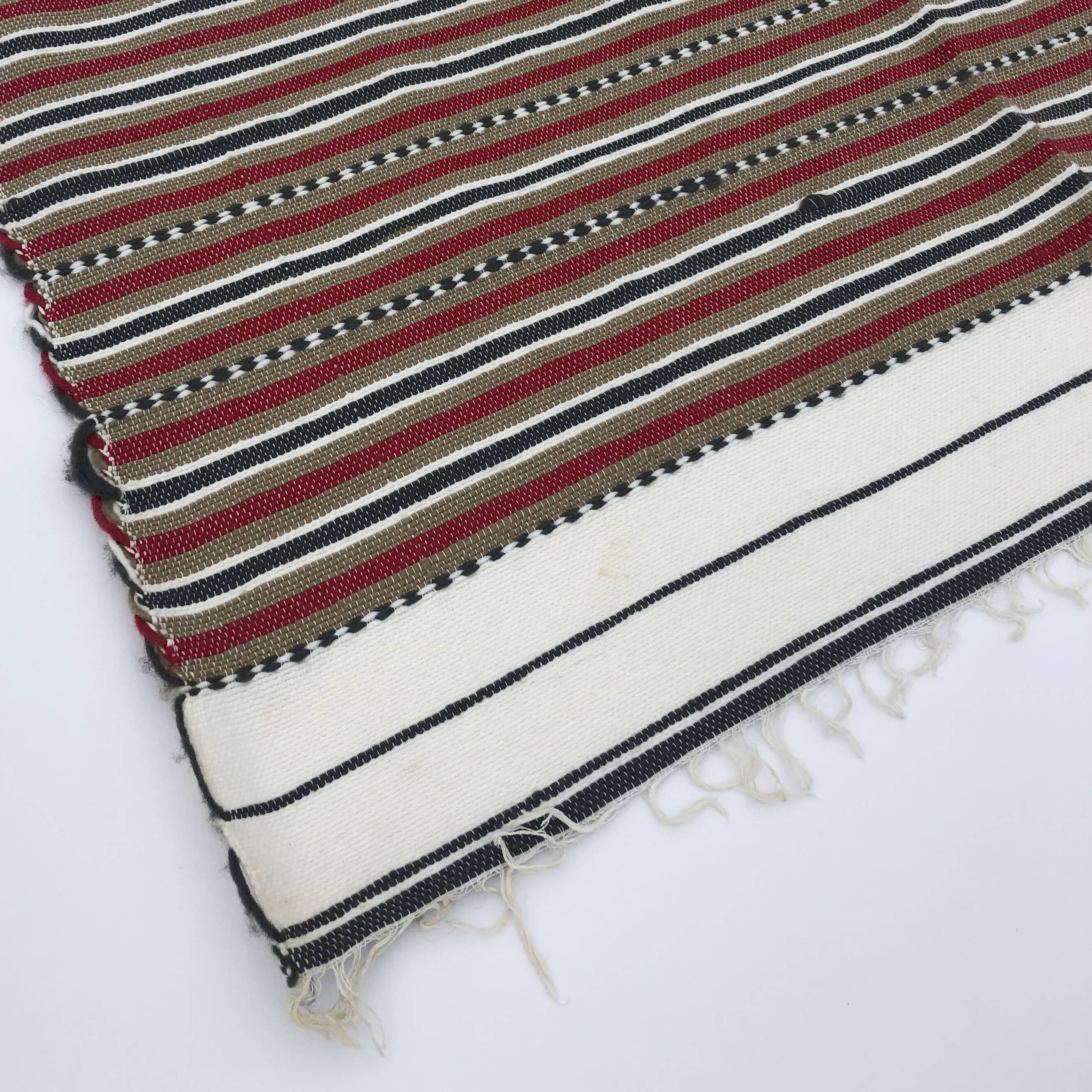 Vintage Handmade Weaved Brown Striped Algerian Rug 1980s Throw Cotton